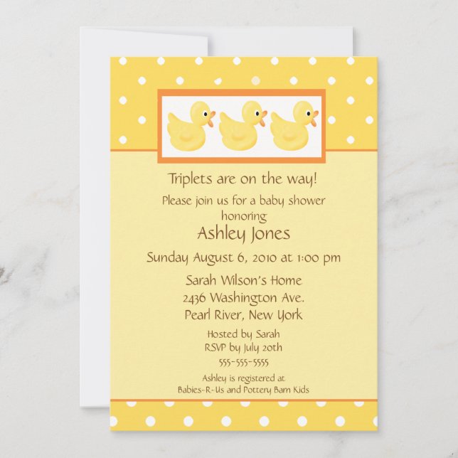 Invitation Le jaune penche le baby shower de triplets (Devant)