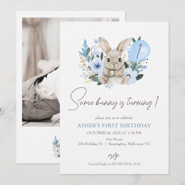 Invitation Le Lapin Floral Bleu Photo Tournera Un Anniversair (Devant / Derrière)
