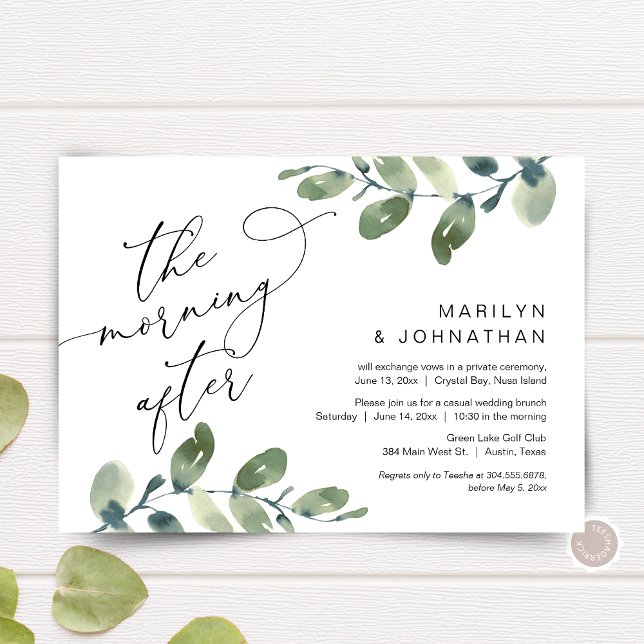 Invitation Le Lendemain, Brunch de Fuite, Verdure (The Morning After, Elopement Brunch Party Invitation Card, Greenery Eucalyptus, Digital Download)