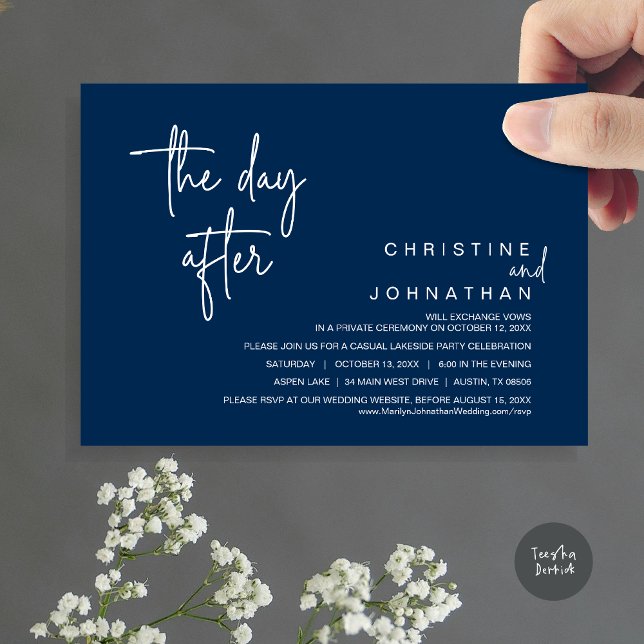 Invitation Le lendemain, Parti Élopement Post-Mariage, Marine (The Day After, Modern Post Wedding Party Invitation Card, PDF, in navy blue)