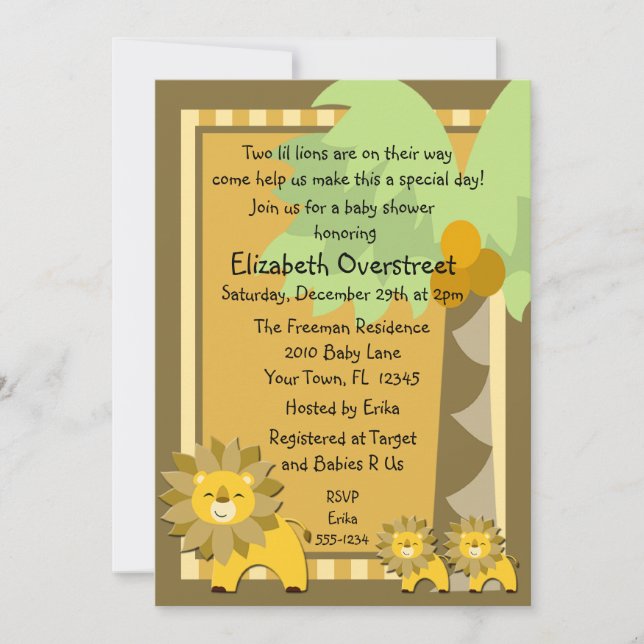 Invitation Le lion de bébé de jungle jumelle le safari de zoo (Devant)