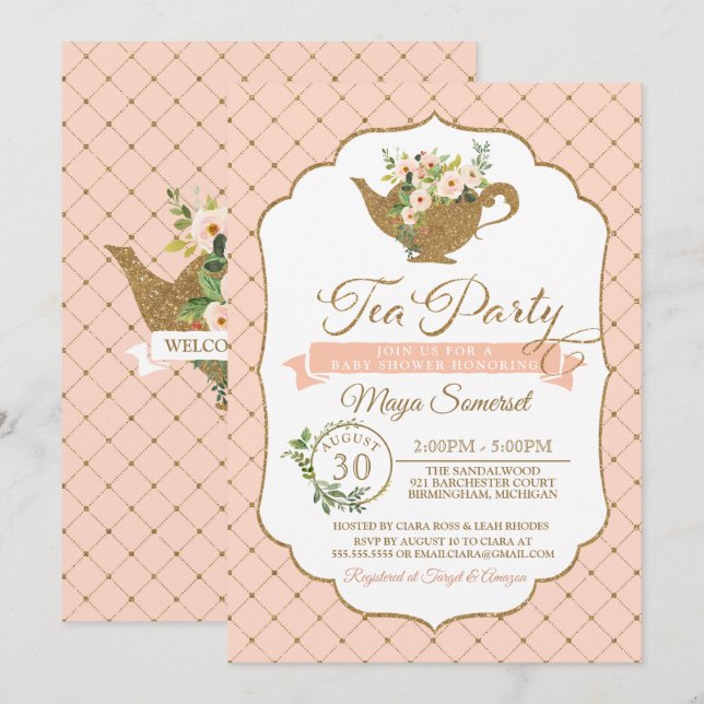 Invitation Le luxe de thé rougissent baby shower floral de (Devant / Derrière)