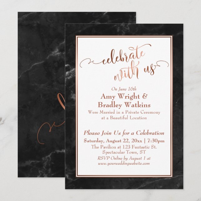 Invitation Le marbre noir de cuivre fête avec nous Mariage am (Devant / Derrière)