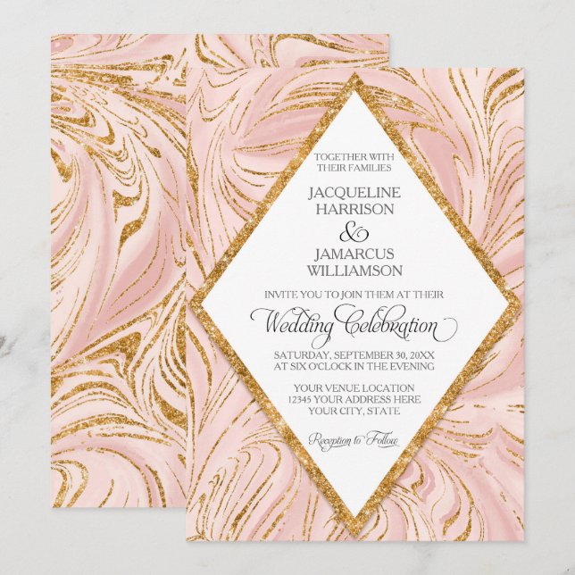 Invitation Le marbre rose de parties scintillantes de Faux (Devant / Derrière)