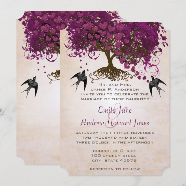 Invitation Le mariage des feuilles de coeur foncées de Sangri (Devant / Derrière)