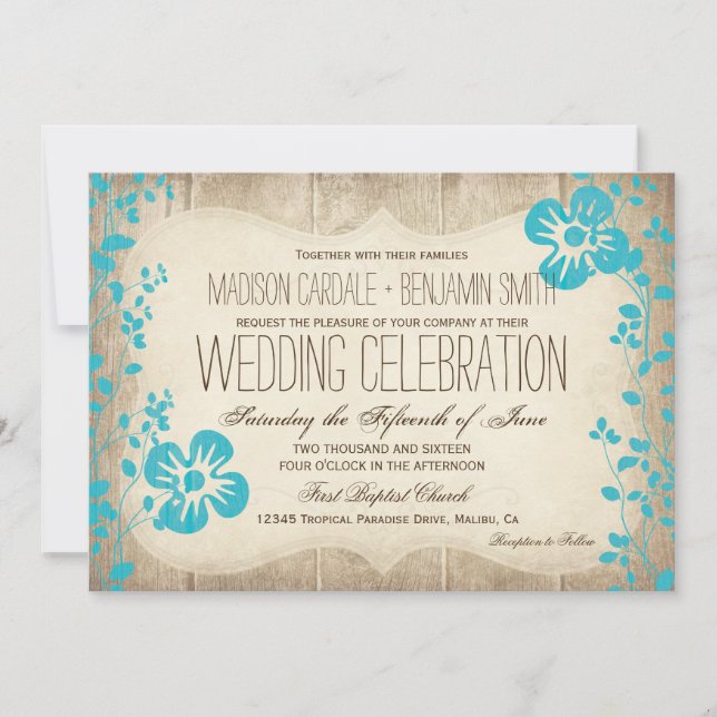 Invitation Le mariage des fleurs de Rustic Wood Aqua (Devant)