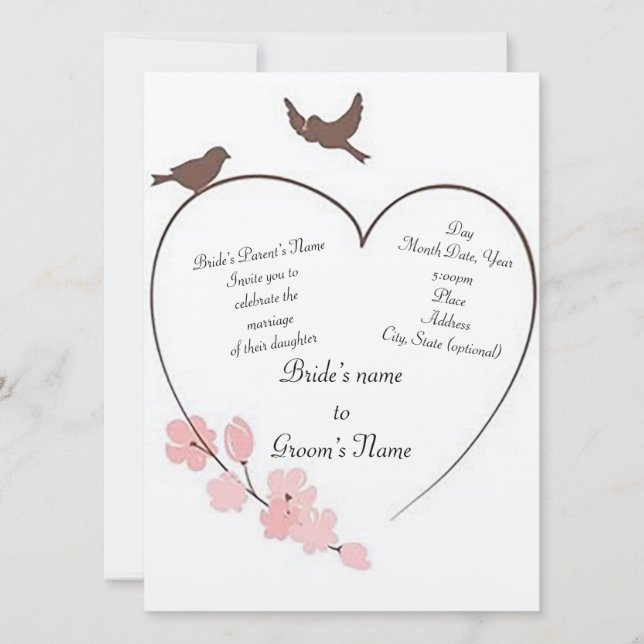 Invitation Le Mariage du "Cœur de l'oiseau d'amour" (Devant)