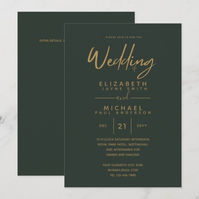 Invitation Le mariage moderne Green Gold Premium invite (Devant / Derrière)
