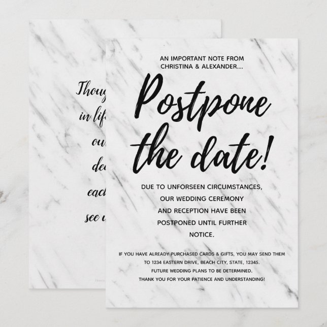 Invitation Le Mariage moderne reporte l'ajournement annulé (Devant / Derrière)