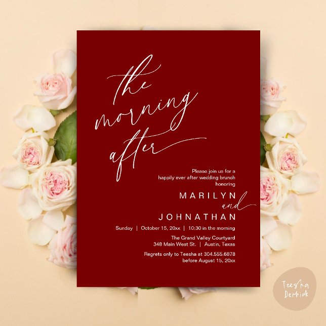 Invitation Le Matin Après, Heureusement Jamais Après Brunch (The Morning After, Happily Ever After Brunch Invites Card PDF Romantic Aesthetic Burgundy Wine Red)