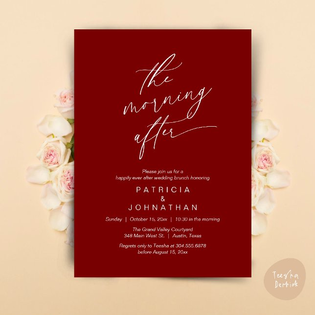 Invitation Le Matin Après, Heureusement Jamais Après Brunch (The Morning After, Happily Ever After Brunch Invites Card PDF Romantic Aesthetic Burgundy Wine Red)