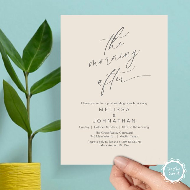 Invitation Le matin suivant, Romantic Post Mariage Brunch (The Morning After Modern Romantic Post Wedding Elopement Brunch Invitation Card PDF in Cream Grey)