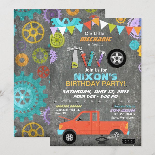 Invitation Le mécanicien de voiture embraye l'anniversaire de (Devant / Derrière)