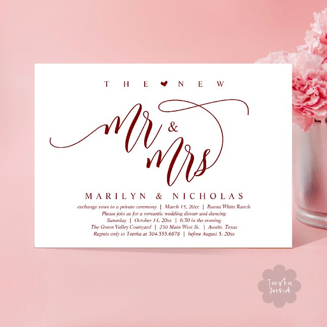 Invitation Le New Mr and Mrs, Modern Mariage Dinner Party (The New Mr and Mrs, Modern Romantic Wedding Dinner Party Invites Card PDF in Burgundy Wine Red)