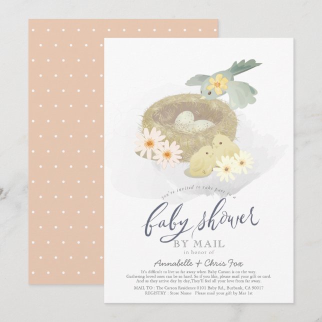 Invitation Le nid d'oiseau Floral Girl Baby shower par la pos (Devant / Derrière)