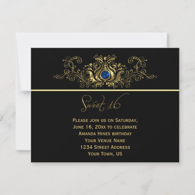 Invitation Le noir fleuri d'or tourbillonne le bonbon bleu 16 (Devant)