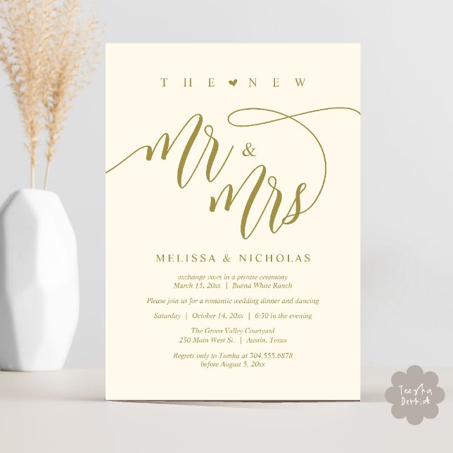 Invitation Le nouveau dîner de mariage moderne Mr et Mrs (The New Mr and Mrs, Modern Romantic Wedding Dinner Party Invites Card PDF in Aesthetic Yellow Gold)