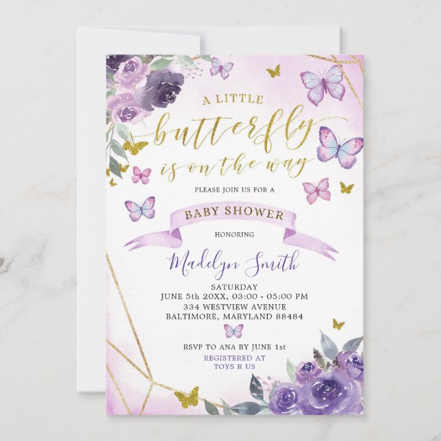 Invitation Le Papillon Floral Violet Est En Route Baby shower (Devant)
