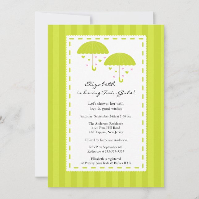 Invitation Le parapluie de chaux jumelle le baby shower (Devant)
