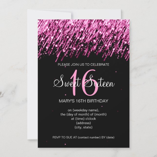 Invitation Le Parti Sweet sixteen qui tombe des étoiles rose (Devant)