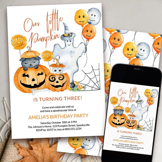 Invitation Le petit Citrouille fête ses trois ans d'Halloween (Our Litlte Pumpkin kids birthday invitation)