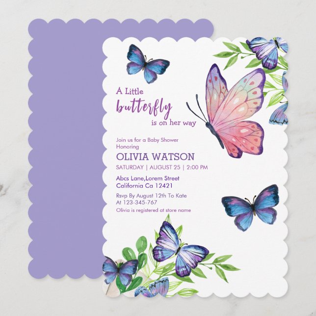 Invitation Le petit papillon est en chemin Baby shower violet (Devant / Derrière)