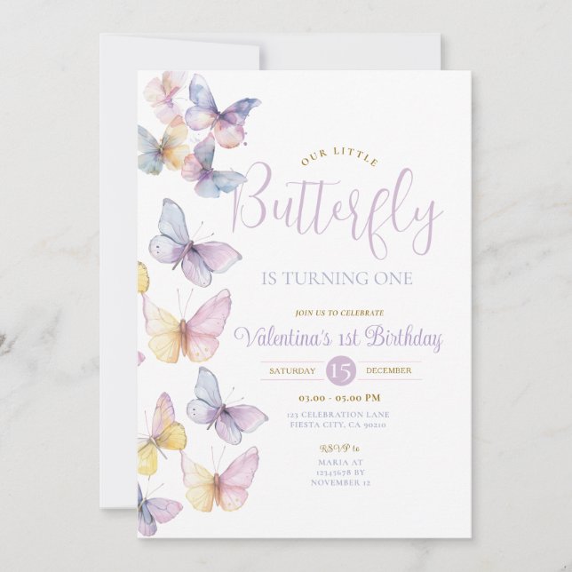 Invitation Le petit papillon transparent pourpre tourne en un (Devant)