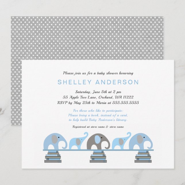 Invitation Le premier Baby shower de la Bibliothèque Blue Ele (Devant / Derrière)