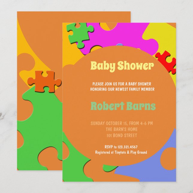 Invitation Le puzzle rapièce le baby shower de garçon (Devant / Derrière)