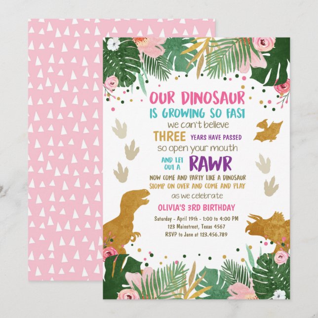 Invitation Le rose d'or de fille d'anniversaire de dinosaure (Devant / Derrière)