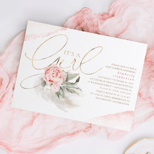 Invitation Le rose et l'or c'est une fille Baby shower floral