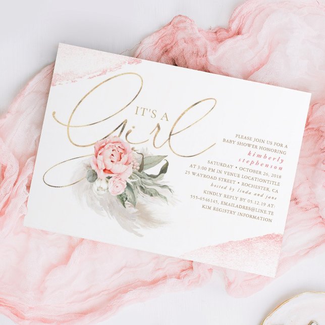 Invitation Le rose et l'or c'est une fille Baby shower floral (Créateur téléchargé)