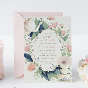 Invitation Le temps du Baby shower Floral rose Tea