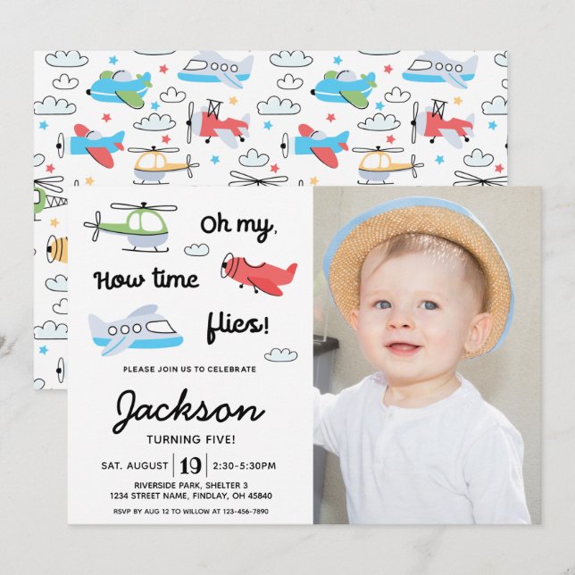 Invitation Le temps vole Avion Hélicoptère Photo Anniversaire (Devant / Derrière)