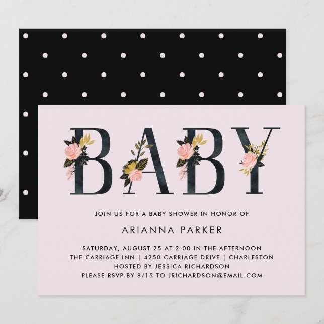 Invitation Le texte floral assez noir rougissent dessus baby (Devant / Derrière)