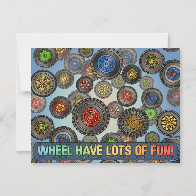 Invitation Le thème de camion de voiture de pneus de roues (Devant)