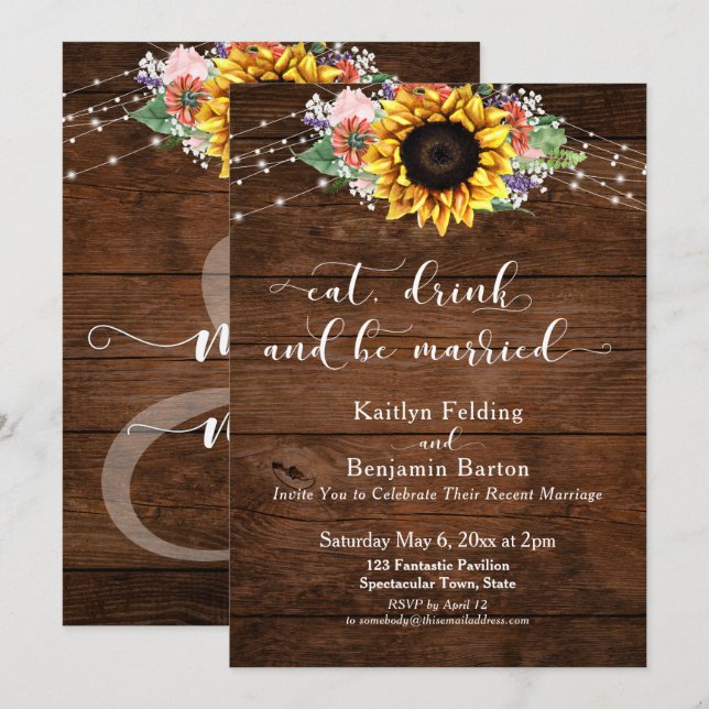 Invitation Le tournesol de bois rustique mange un verre et se (Devant / Derrière)