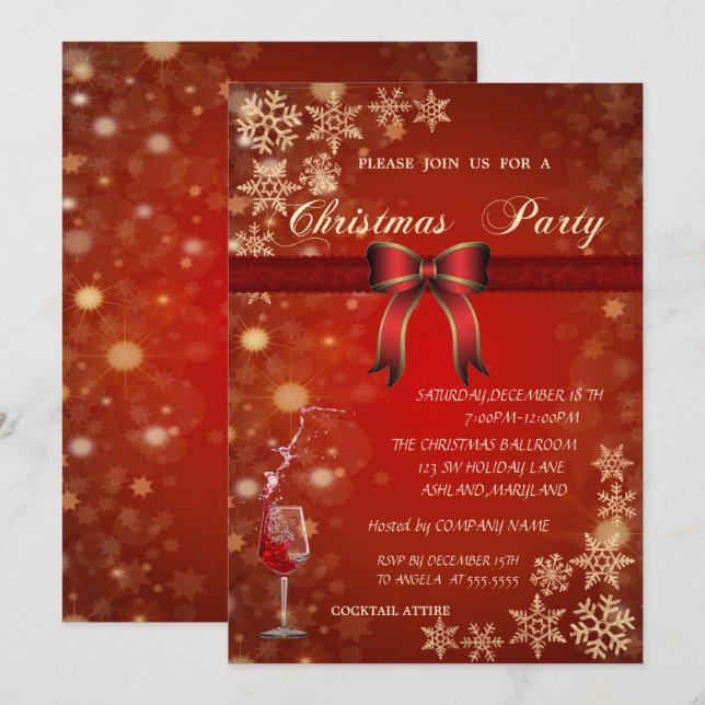 Invitation Le verre rouge élégant, cintrent la fête de Noël (Devant / Derrière)