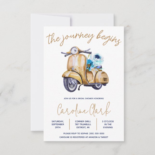 Invitation Le Voyage Commence ! Scooter, Fête des mariées Ves (Devant)