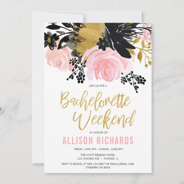 Invitation Le week-end de Bachelorette rougissent or noir (Devant)