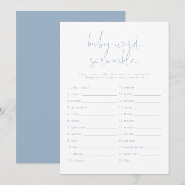 Invitation LEAH Vibrant Pastel Blue Baby Word Scramble Jeu (Devant / Derrière)