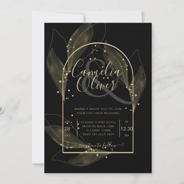 Invitation LeahG Black Gold Feuilles de mariage moderne INVIT (Devant)