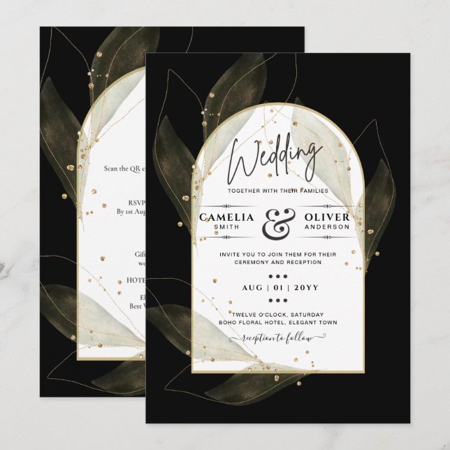 Invitation LeahG Black Gold Feuilles de mariage moderne INVIT (Devant / Derrière)