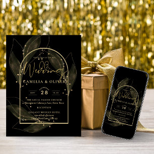 Invitation LeahG Black Gold Feuilles de mariage moderne INVIT