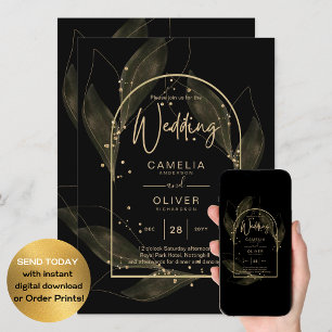 Invitation LeahG Black Gold Feuilles de mariage moderne INVIT