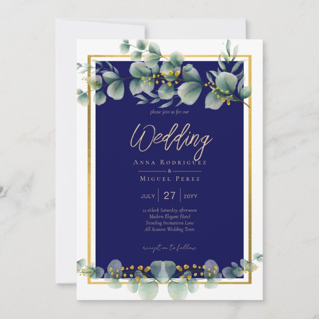 Invitation LeahG BLEU NAVY OR VERT Eucalyptus Mariage (Devant)