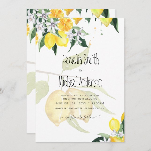 Invitation LeahG Citrus Lemons Budget Mariage Inviter Jaune (Devant / Derrière)