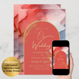 Invitation LeahG Coral Navy Blue Gold INK Wedding INVITE