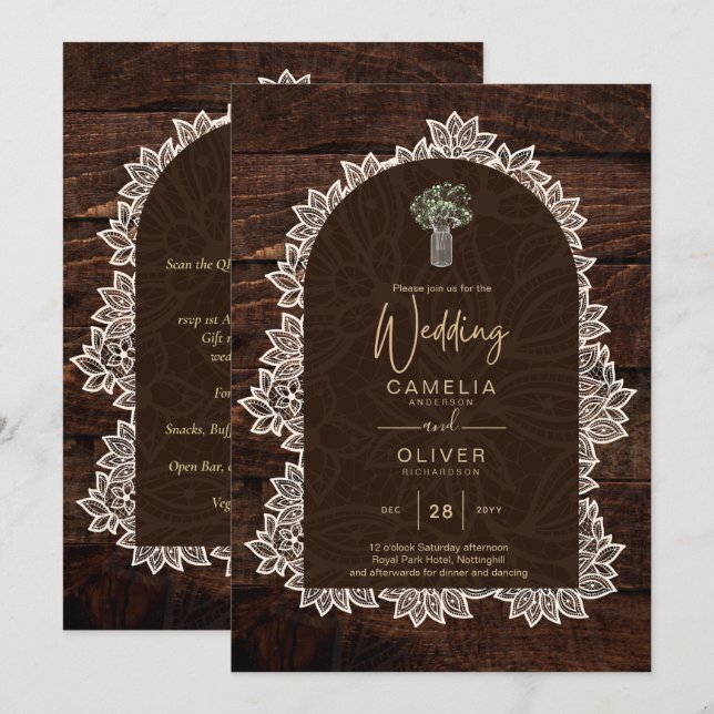 Invitation LeahG Dentelle rustique Gypsophila Mariage en bois (Devant / Derrière)