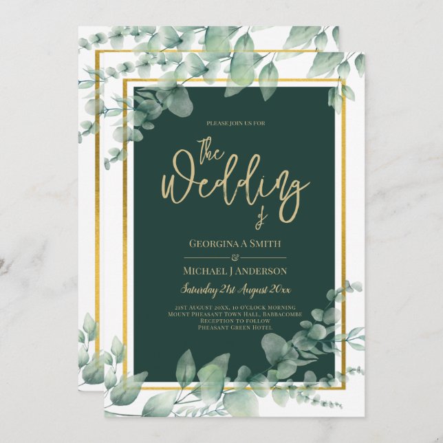 Invitation LeahG Eucalyptus Green Gold MARIAGE QR CODE (Devant / Derrière)